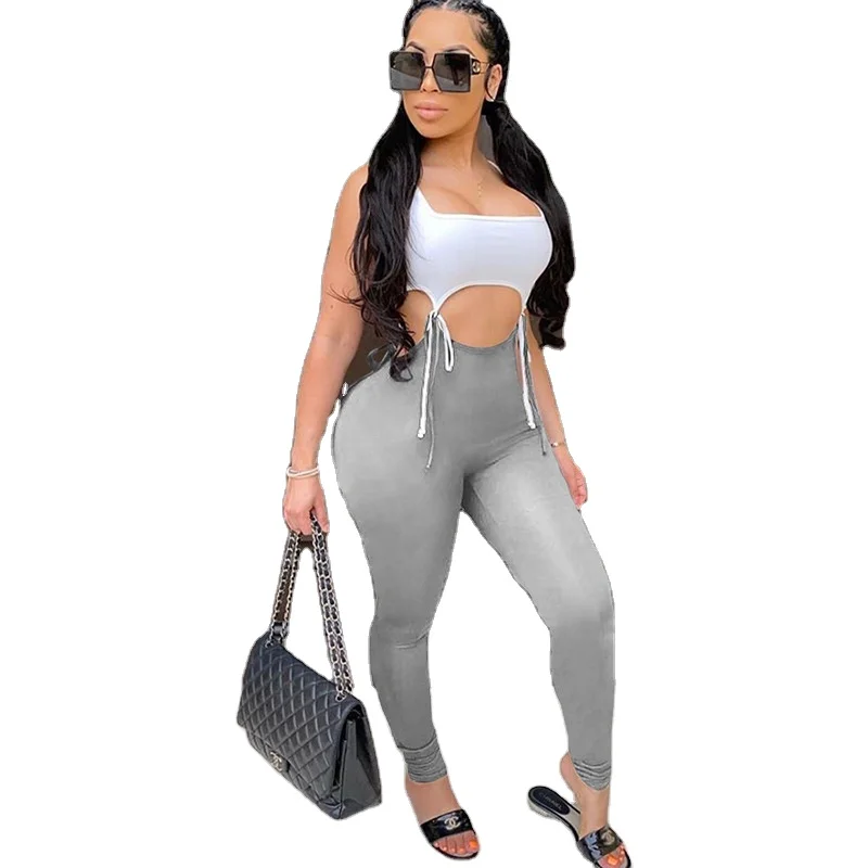 

2021 summer arrivals Sexy 2 pieces set sleeveless strappy bandage sports casual bodycon one piece jumpsuit pants for women, Black