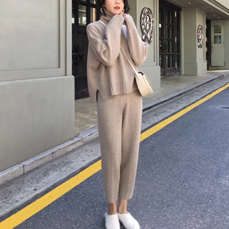 

2019 autumn fashion knitted tracksuit turtleneck sweatshirts women pants 2 piece set clothing, Light grey/ light pink / blak / blue