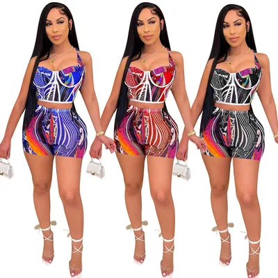 

Women Corset Set Summer Crop Top Biker Short Set Ladies Print camisole sleeveless two piece pants Set