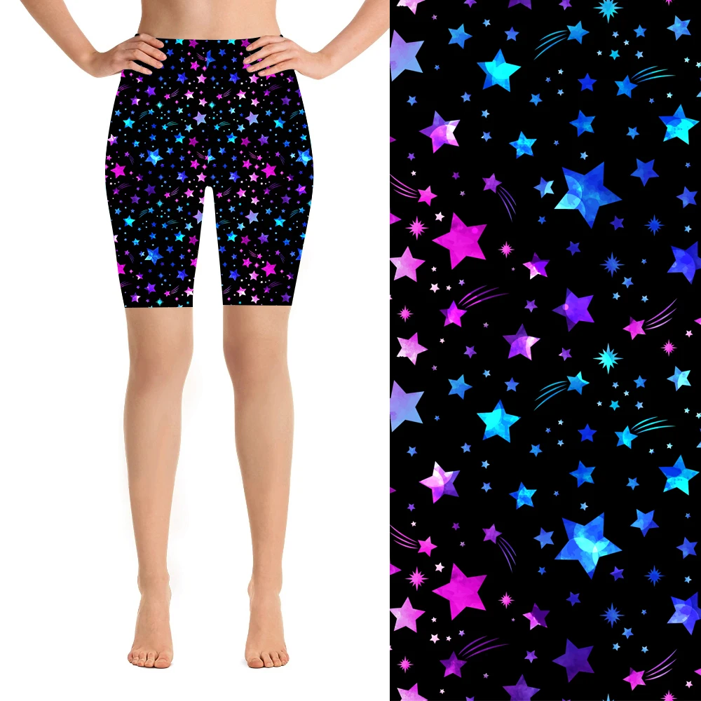 

Women galaxy Star Printed Bike Short High Yoga Waist Double side brushed 92% polyester 8% spandex fashion short, As picture