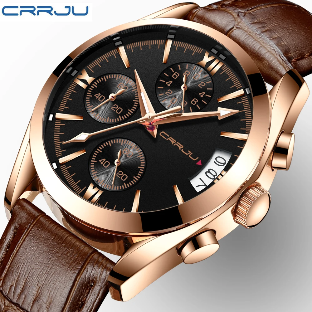 CRRJU 2217 trending no brand mens quartz watch potty Genuine Leather Strap Waterproof Chronograph all type sports watch design