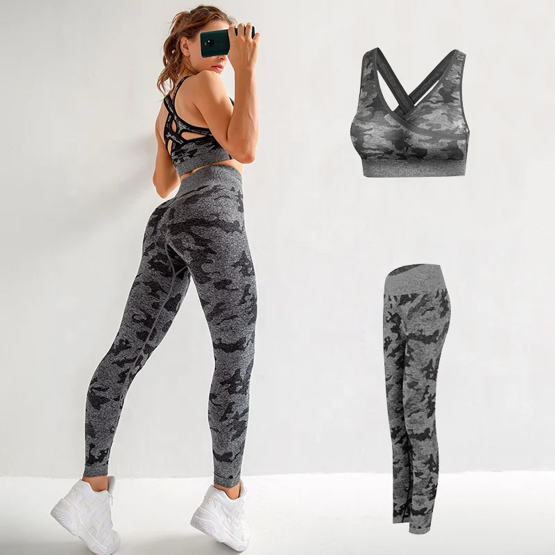 

2Pcs Yoga Set Seamless Camouflage Women Fitness Clothing Sports Wear Gym Leggings Padded Push Up Sports Bra Sports Suits