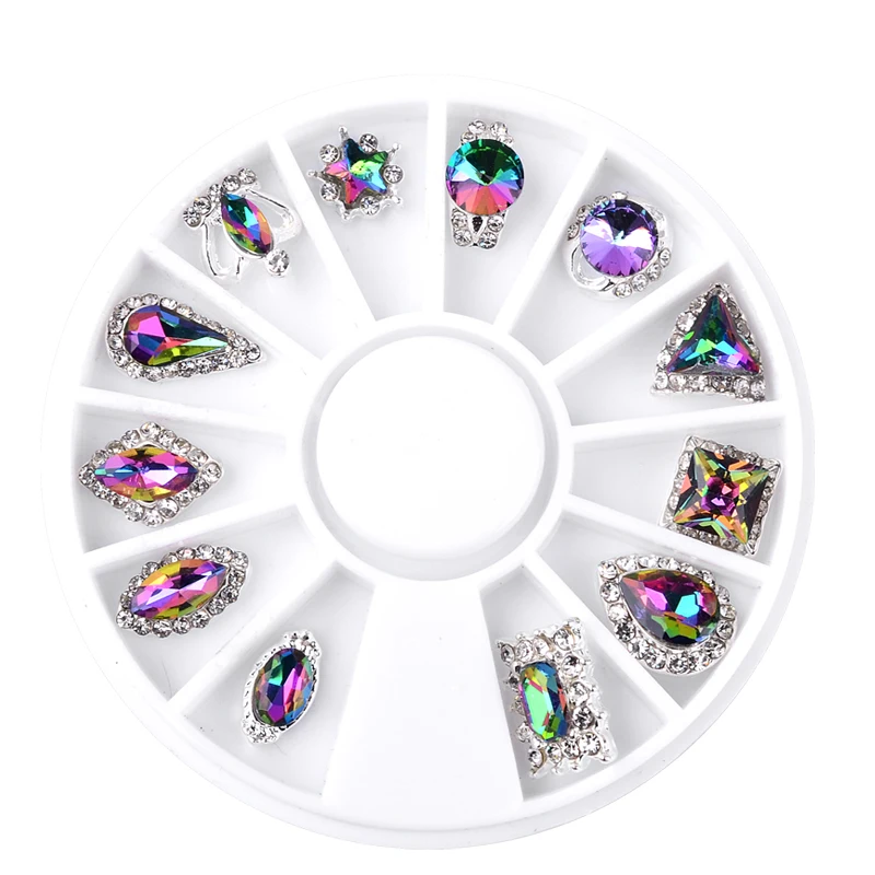 

12Pcs/Box Flame AB Glitter Crown Waterdrop Alloy Nail Art Decoration Wheel 3D Charm Symphony Nail Rhinestone Jewelry Tools