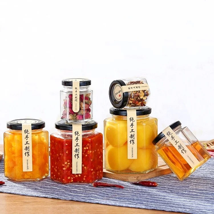 

transparent 45ml-730ml sealed hexagon sauce and honey glass jar with lid