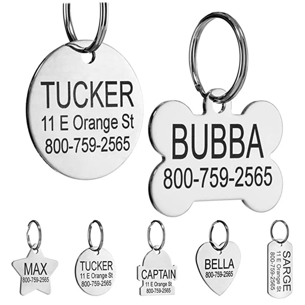 

ID Tag Double Sided Laser Stainless Steel Pet Dog Tag for Dog Name Engraved and Personalized Bone Shape and Round Shape, Customized