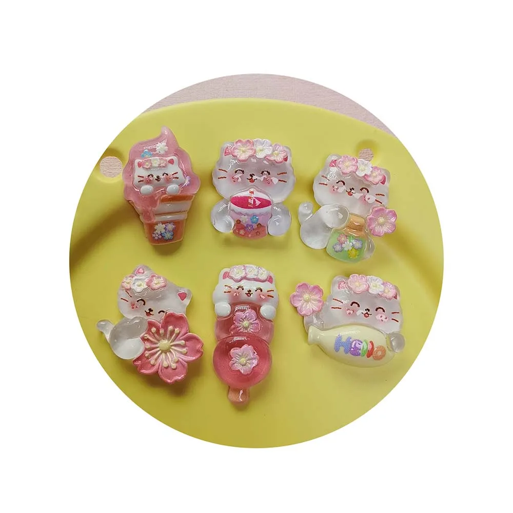Cartoon Animal Resin Cute Flower Cat Flat Back Cabochon for DIY Phone Case Deco Parts Supplies