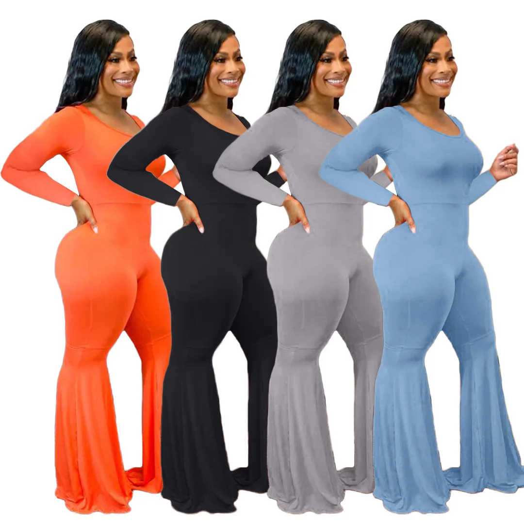 

B53418A Autumn new western women fashion pure color casual flare jumpsuit, Black/gray/orange/blue