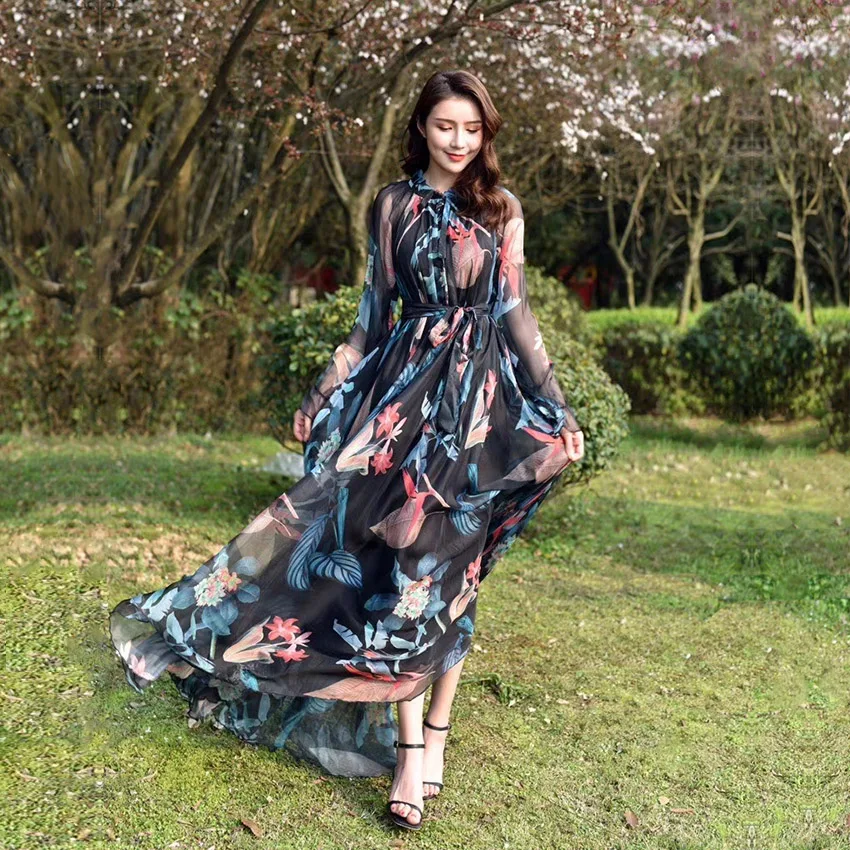 

Black Rainforest Relaxed Waist Floral Print Maxi Standard Sweet Bohemia Slip Leaf Print Floral Printed Dress