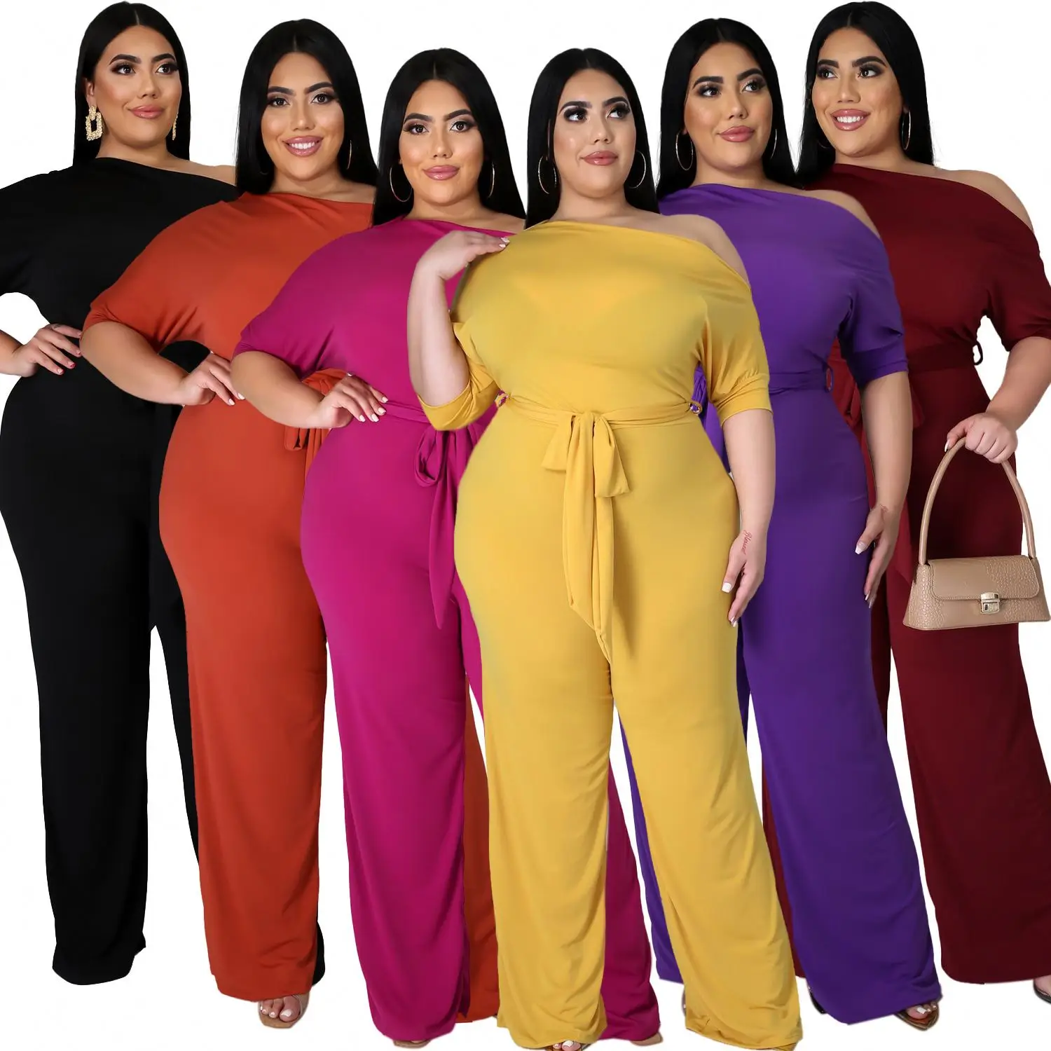 

wholesale summer plus size women clothing loose casual sexy off shoulder jumpsuit for fat ladies wide leg jumpsuit women