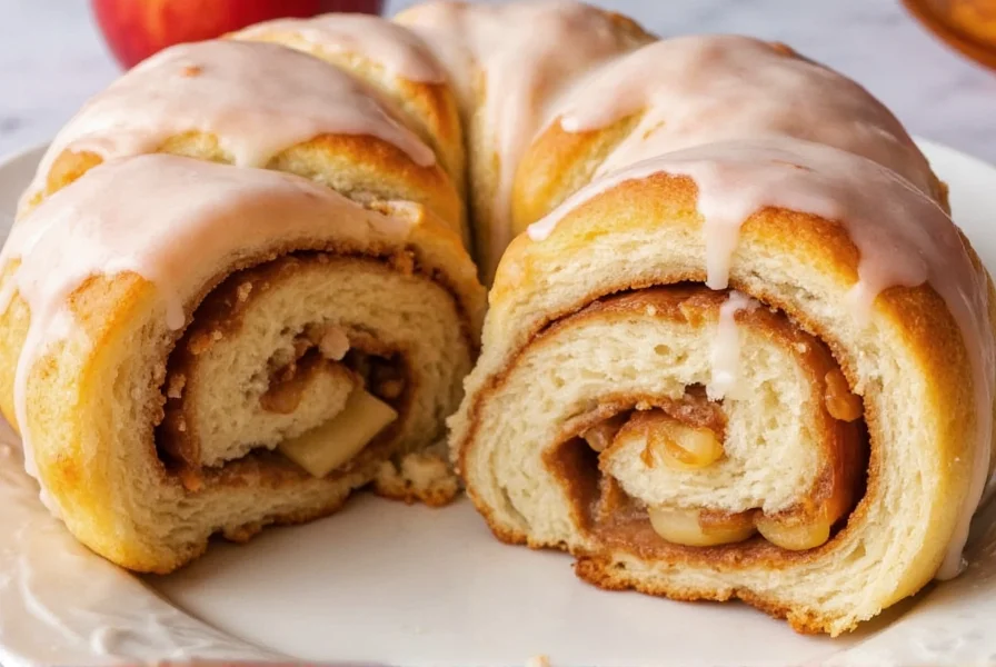 Close-up of sliced apple cinnamon roll showing distinct layers of dough, cinnamon sugar, and tender apple pieces with cream cheese glaze dripping down the sides