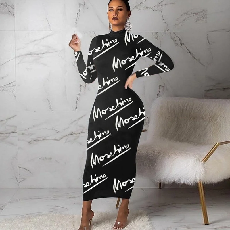 

New Design Letter Print Dress Zipper Front Stand Neck Fall 2021 Women Clothes Ladies Party Sexy Long Sleeve Dresses
