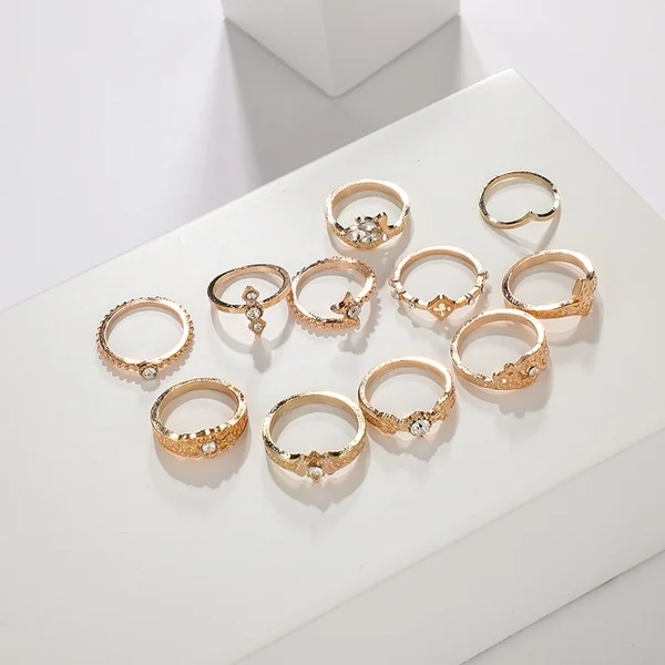 

11PCS Bohemian Retro Vintage Gold Crystal Wave Joint Knuckle Ring Sets Finger Rings