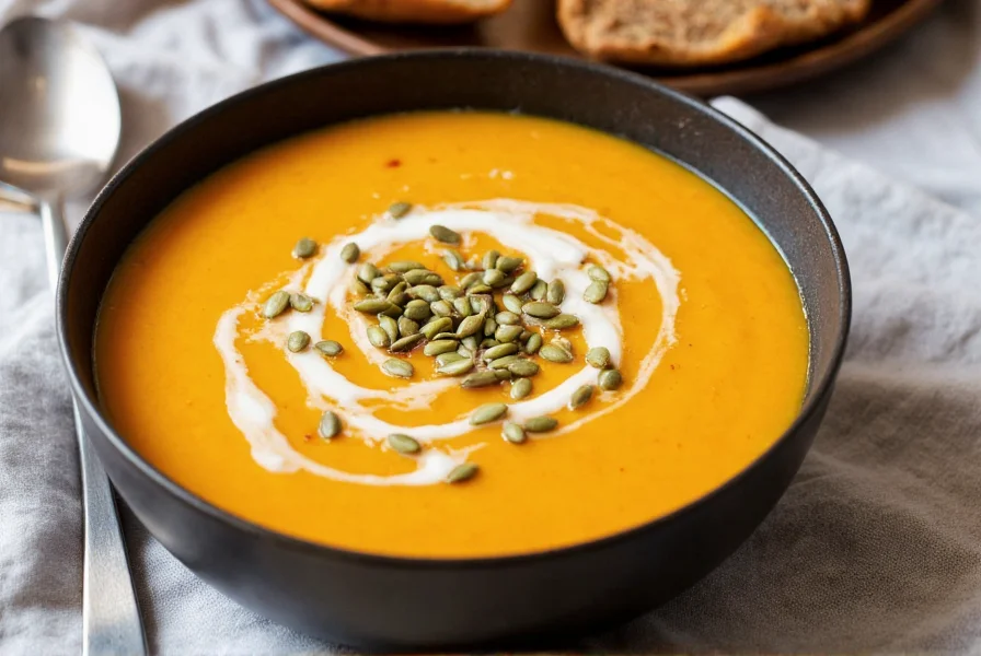 Bowl of vibrant orange pepper squash soup garnished with coconut milk swirl and pumpkin seeds