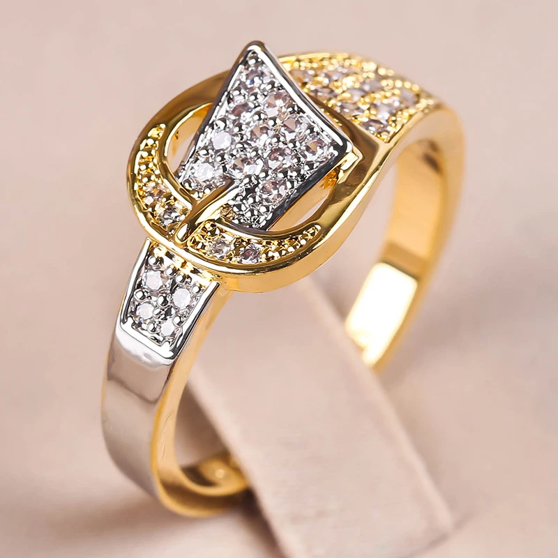 

Special Micro Insert Pave Two Colors Full Zircon Buckle Ring Belt Shape Gold Plated Women Valentine's Gift Band Ring