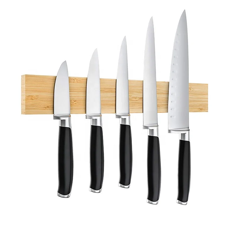 

2021 Amazon Custom Logo 38cm Wooden Bamboo Wall-mounted Knife Holder with Strong Magnetic