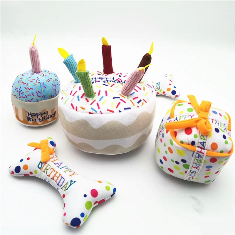 

Hot Selling Pet Dog Birthday Toys Plush Chew Happy Birthday Cake Pet Squeaky Toys