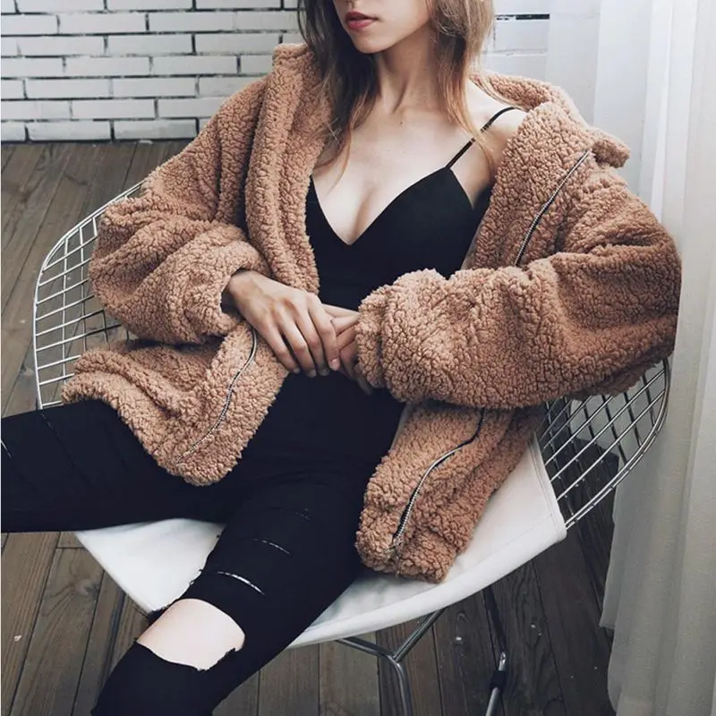 

Autumn Winter Faux Fur Coat Women Casual Warm Soft Zipper Fur Jacket Plush Overcoat Pocket Plus Size Teddy Coat Female XXXL
