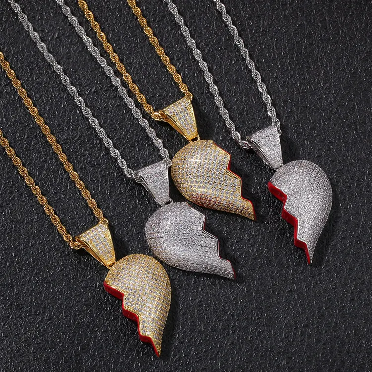 

2021 Newest Hip Hop Broken Half Heart Pendant Gold Plated CZ Women Men Couple Charm Necklace Iced Out Jewelry