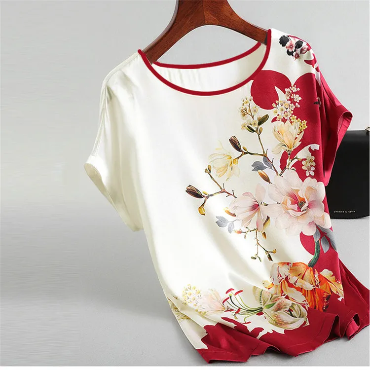 

Women Silk Satin Blouses Plus size Batwing sleeve Vintage Print Floral Blouse, As pic