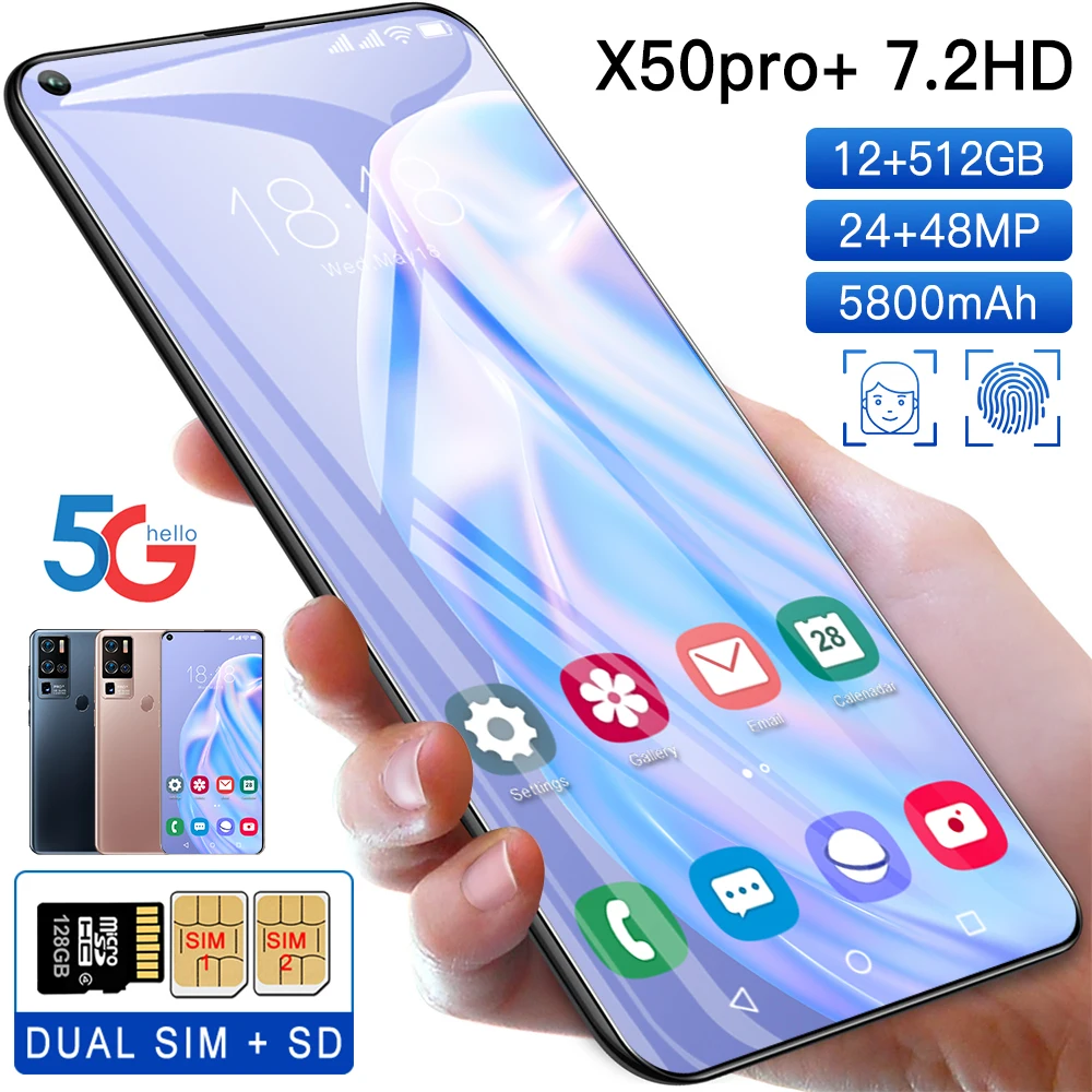 

7.2 inch Big Screen X50 Pro Smartphone 12+512GB Large Memory Dual SIM Long Standby Mobile Phone Beauty Camera Gaming Cellphone