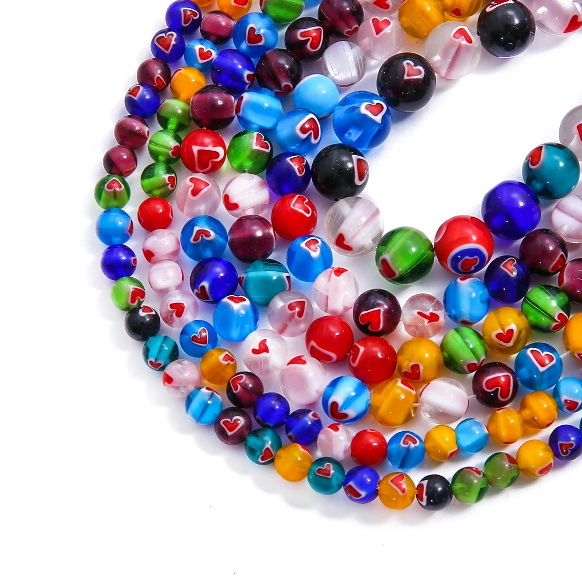 

6/8/10mm Mixed Colors Round Beads with Heart Patterns Millefiori Glass Lampwork Loose Crafts Beads for Necklace Bracelet