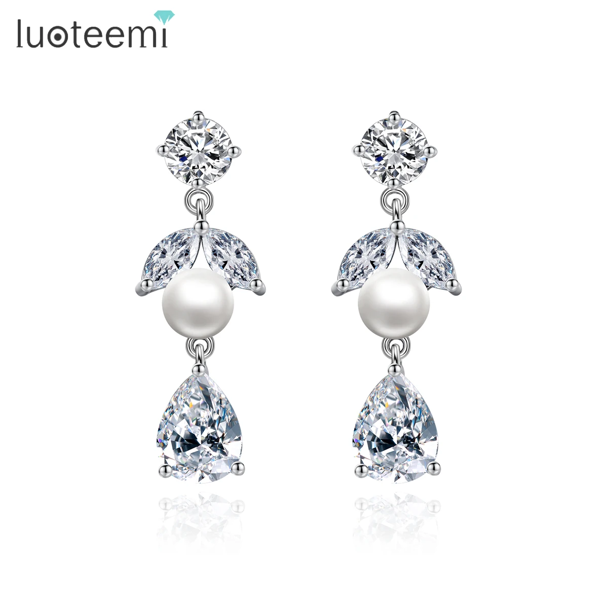 

LUOTEEMI Earring Woman Fashion Pearl Geometric Zircon Lady Charm Jewelry Cubic Zirconia Earings For Wedding