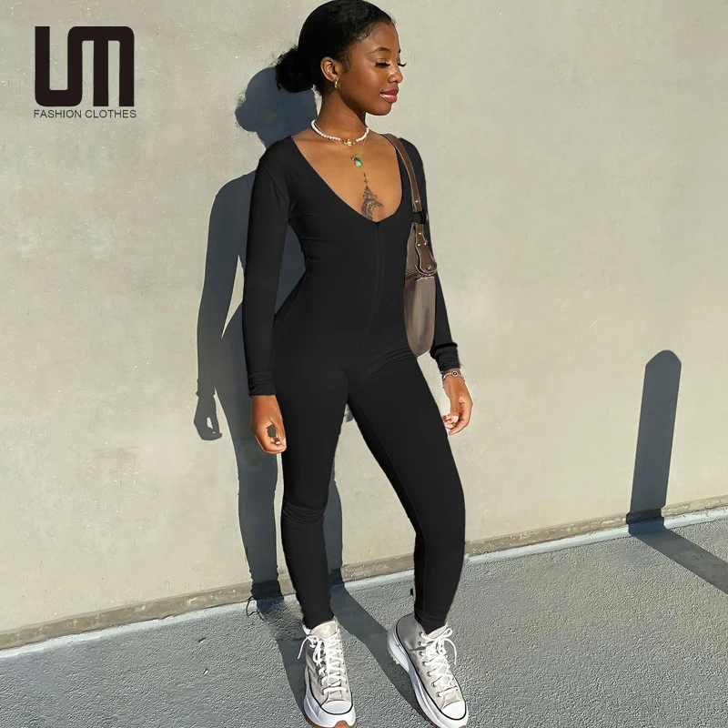 

Liu Ming 2022 Fashion Women Sexy Deep V Zipper Long Sleeve Stretch Streetwear Warm Rompers Jumpsuit