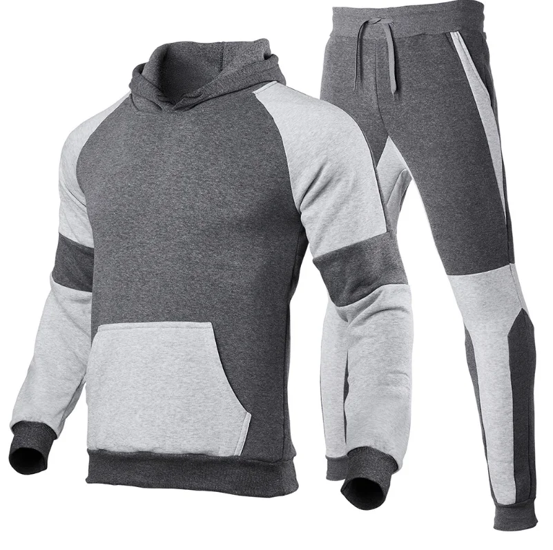 

High Performance Trendy Men Patchwork Sportswear Fashion Brand Casual Hoodie Suit Fall Winter Plus Velvet Sport Set, As picture