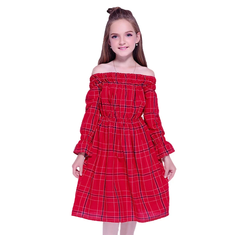 

Kseniya Kids Red Girl Shoulderless Dress Long Sleeve Girl Plaid Dress For Party Evening Communion Formal Daily Life