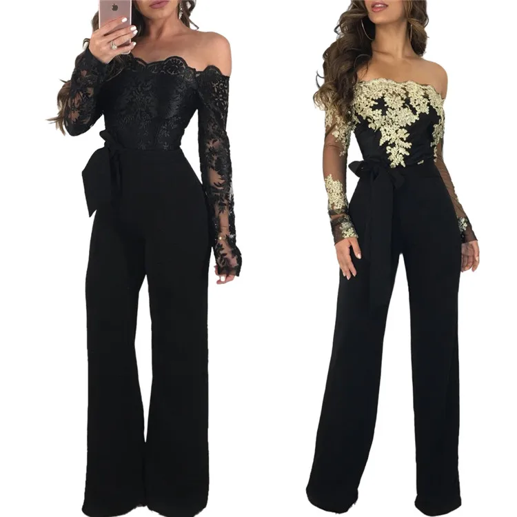 

Trendy Sexy Casual Ladies Off Shoulder Lace Rompers Long Sleeve Spring Women One Piece Jumpsuits