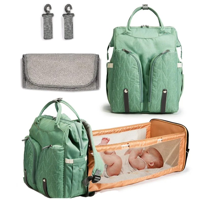 

3 in 1 Baby Crib Back Pack Large Green Expandable Changing Crib Bed Mummy Diaper Bag Backpack With Changing Mat