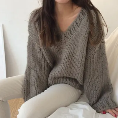 

factory Korean fall winter fashion thick stitch V neck chunky plus size sweater pullover women