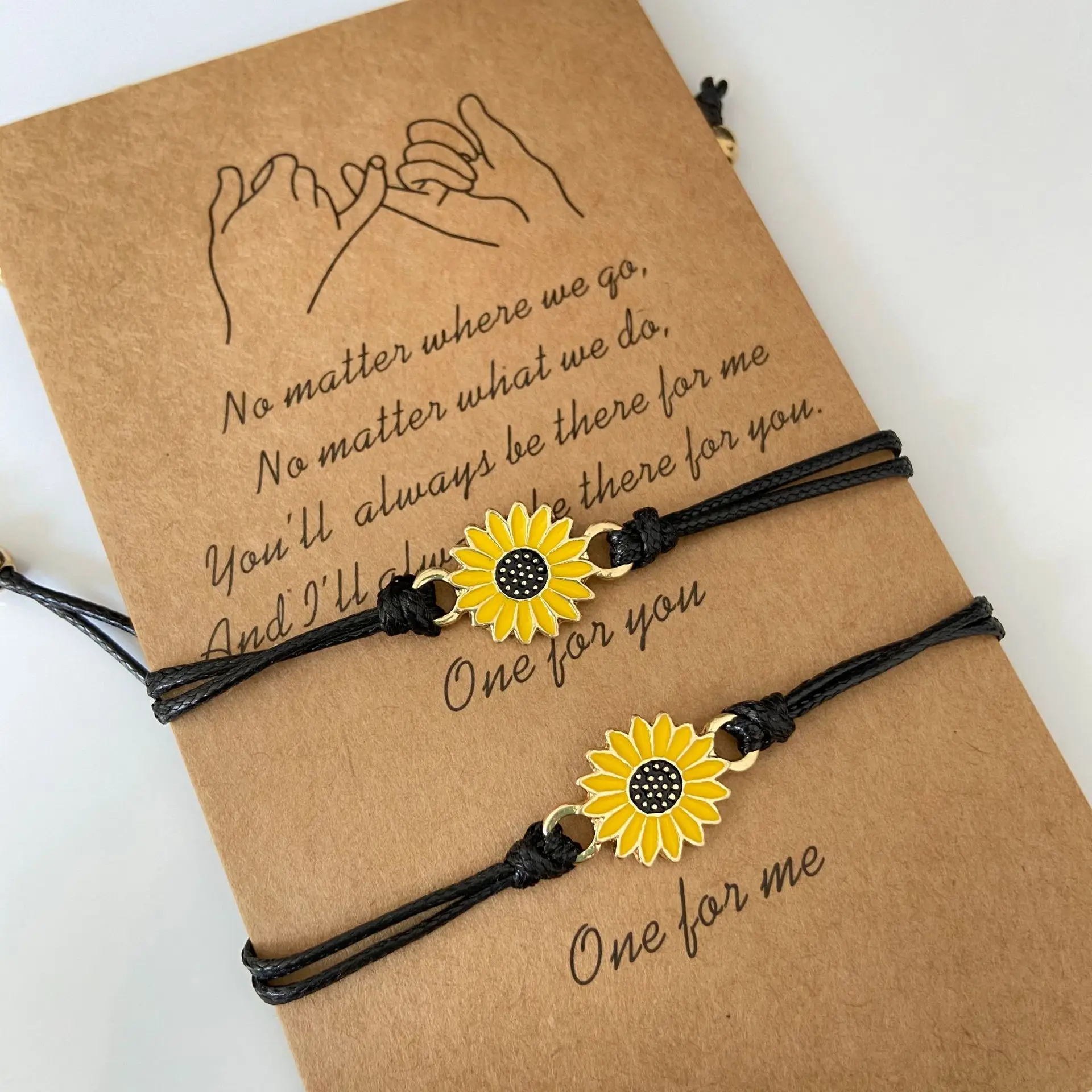 

Handmade Cotton Cord Sunflower Bracelets Black Rope Charm Friendship Wish Card Surf Braid Bracelet, As picture show