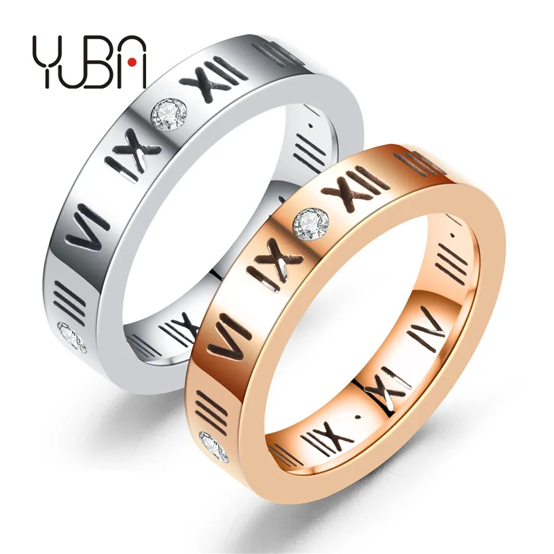 

Fashion New Design Stainless Steel Rose Gold Silver Ring Roman Numerals Zircon Rings Wedding Engagement bands For Women, As show