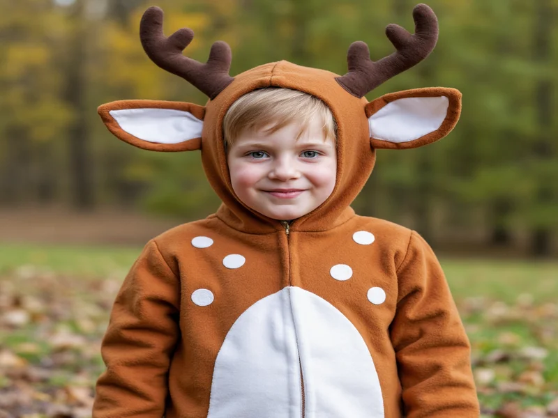 Child wearing finished DIY deer costume with realistic spots and movable antlers