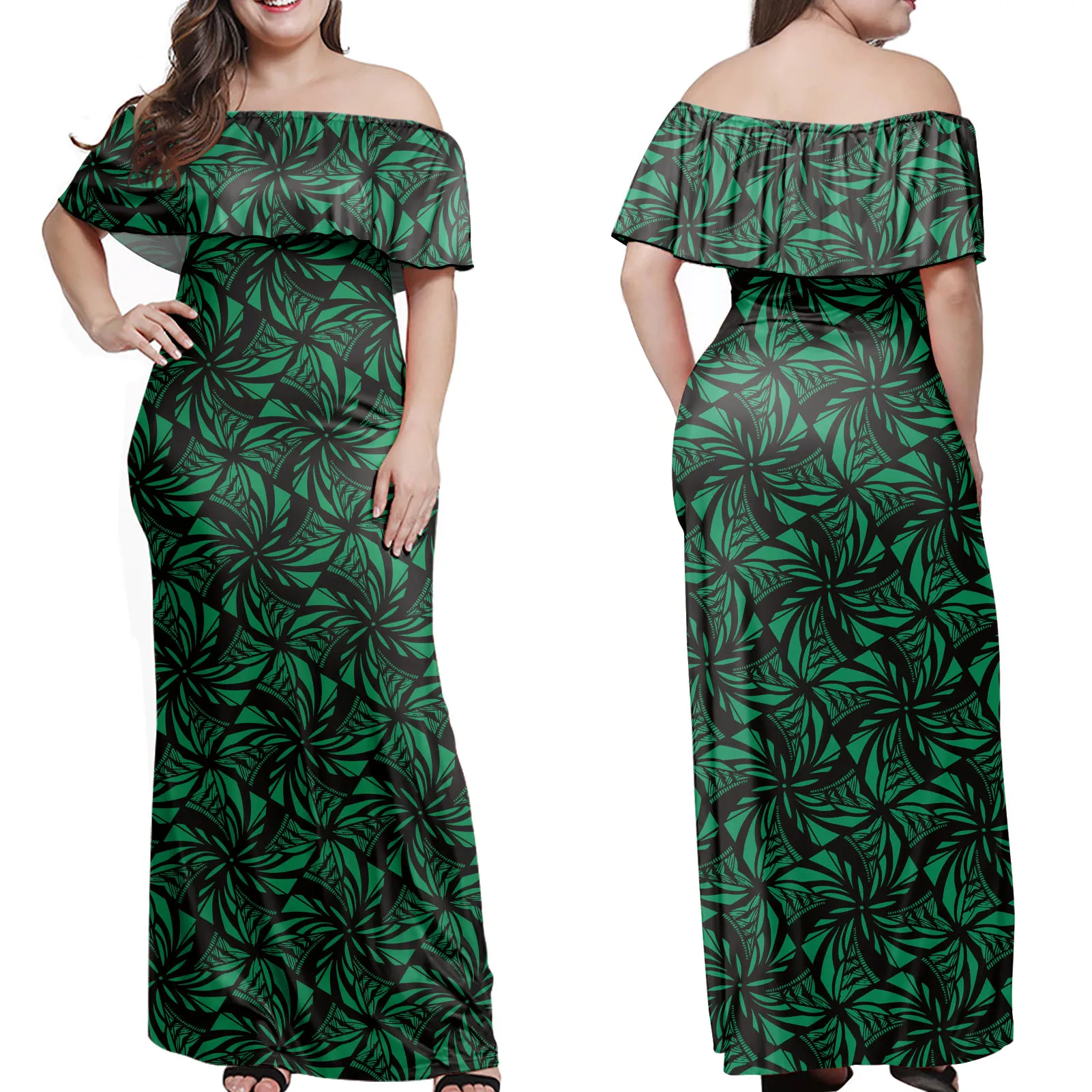 

2021 Summer Anak Perempuan Gaun Kasual Women Fashion Off Shoulder Polynesian Floral Printed Custom Beach Long Maxi Dress