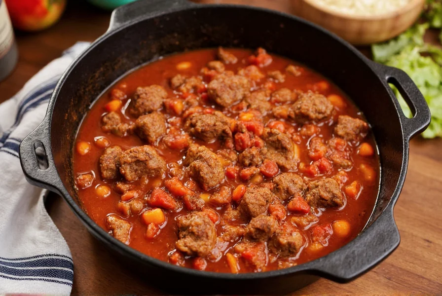 Authentic Texas-style chili in a cast iron pot with beef chunks and rich red sauce