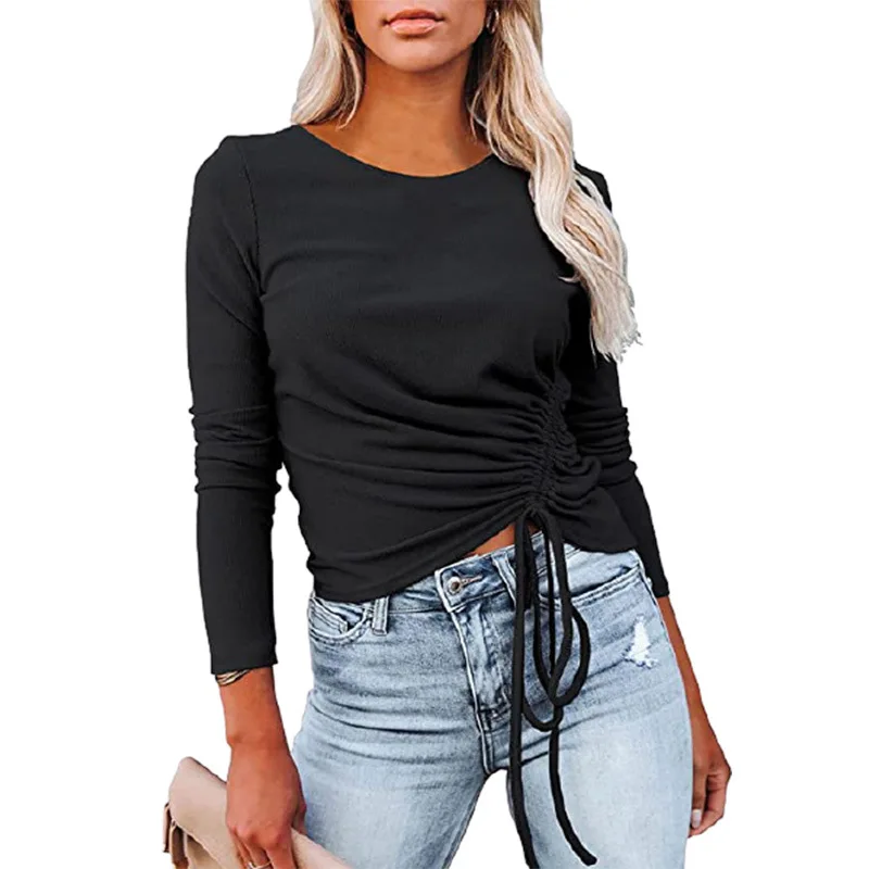 

2021 Autumn Winter New European American Ribbed Solid Color Long-sleeved Round Neck Drawstring Ladies Fashion T-shirts