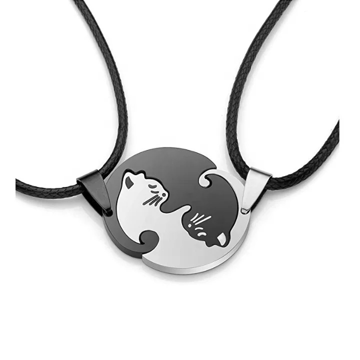 

Personalized Custom Name Engraved 2pcs Stainless Steel Black And White Yin Yang Matching Cat Couples Pendant Necklace