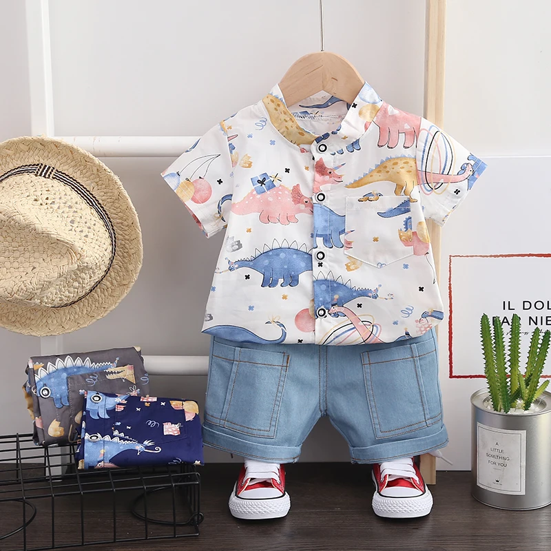 

Boys' summer dinosaur print short-sleeved shirts and bulletless jean shorts suits Kids' everyday clothes can be taken apart in s, Picture