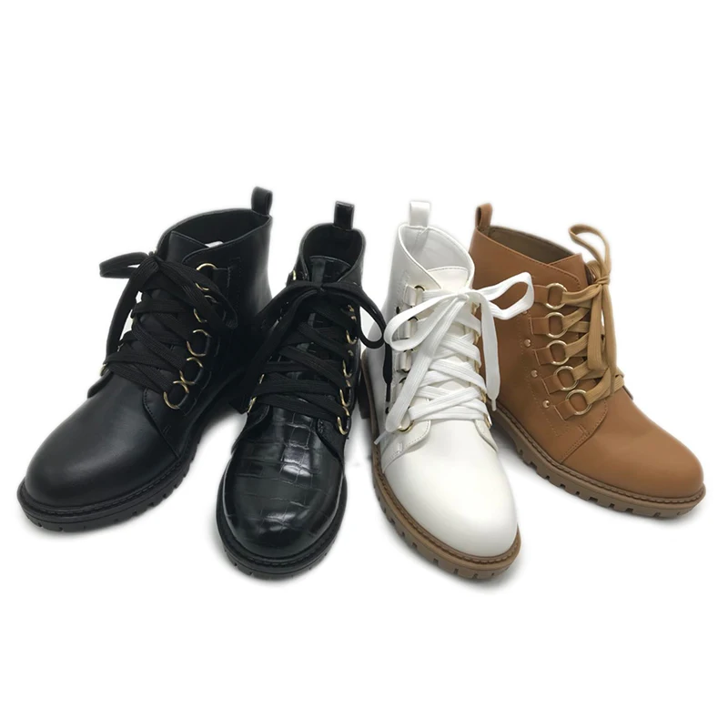 

Women flat PU ankle boot big buckles lace up women causal flat boot, Customized color