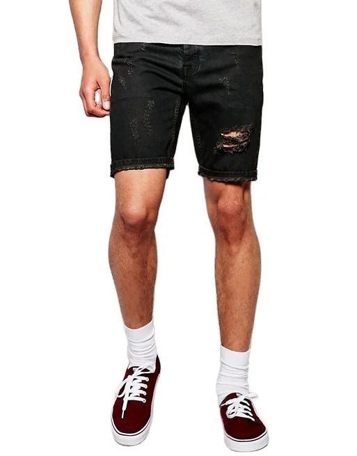 mens ripped jean shorts black
