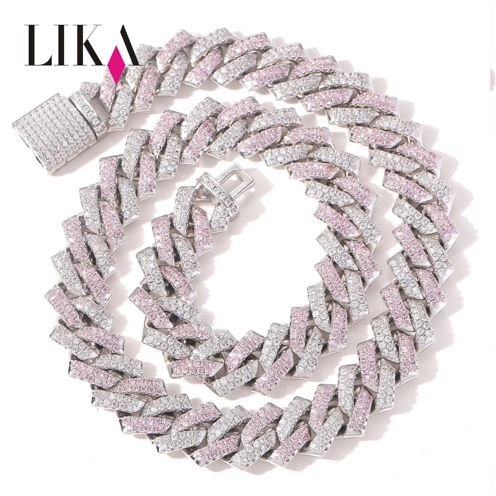 

LIKA Hot Sell 18K Miami Cuban Men's CZ Double Colour Necklace Hiphop Iced Out Cuban Link Chain Gold Plating Prong Cuban Chain, Pink