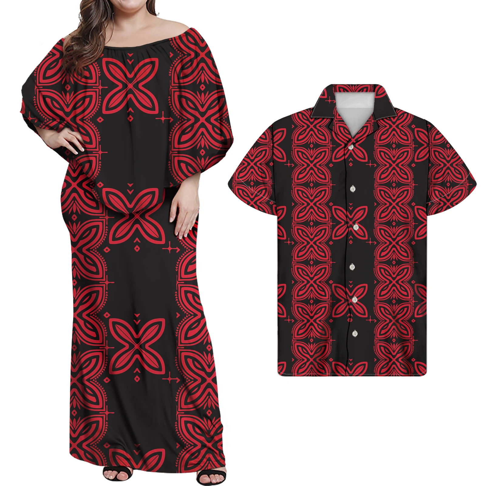 

Couple Clothing Womens Evening Dress Match Men's Shirt Print Samoa Dress Red Polynesian Tribal Print Women Sleeveless Dress, Customized color