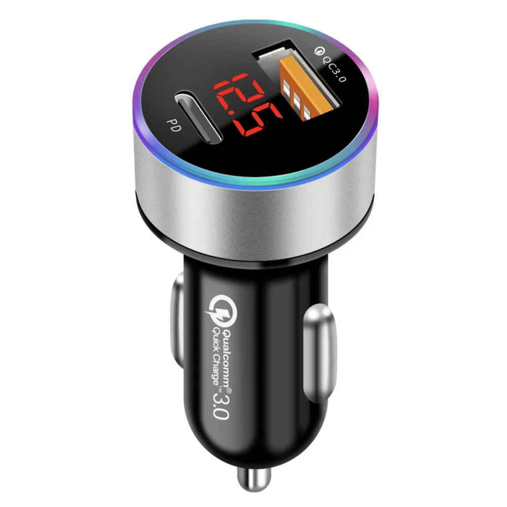 

New Design Hot Sale Wholesale Price QC 3.0 Type-c USB PD Car Charger With Digital Voltage Display, Silver black blue red gold