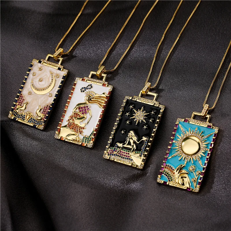 

New Ethnic Real Gold Plated Colorful Enamel Zircon Fish Tail Necklace Inlaid CZ Diamond Mermaid Square Pendant Necklace