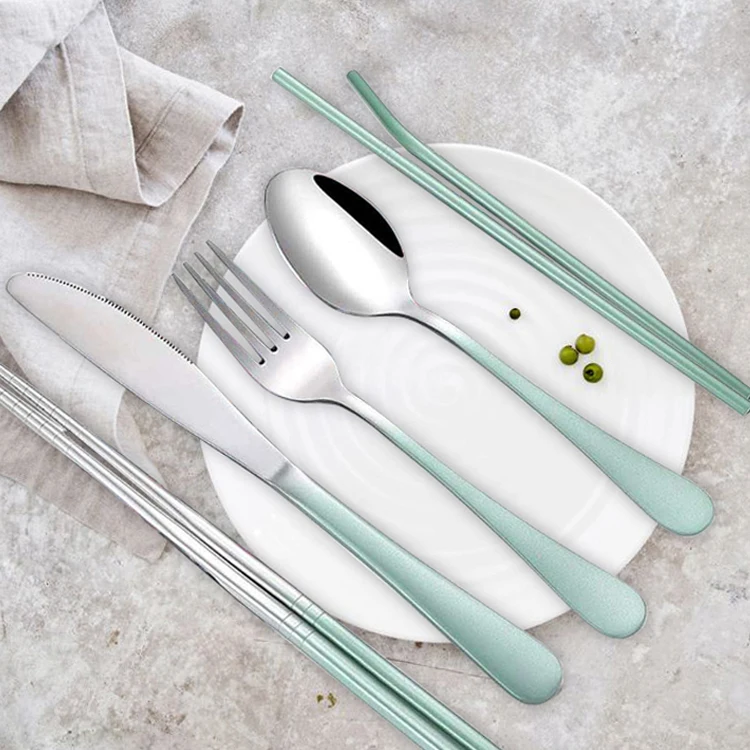 

Colorful painted silverware set with gradient color handle 6pcs stainless steel cutlery set with metal straws