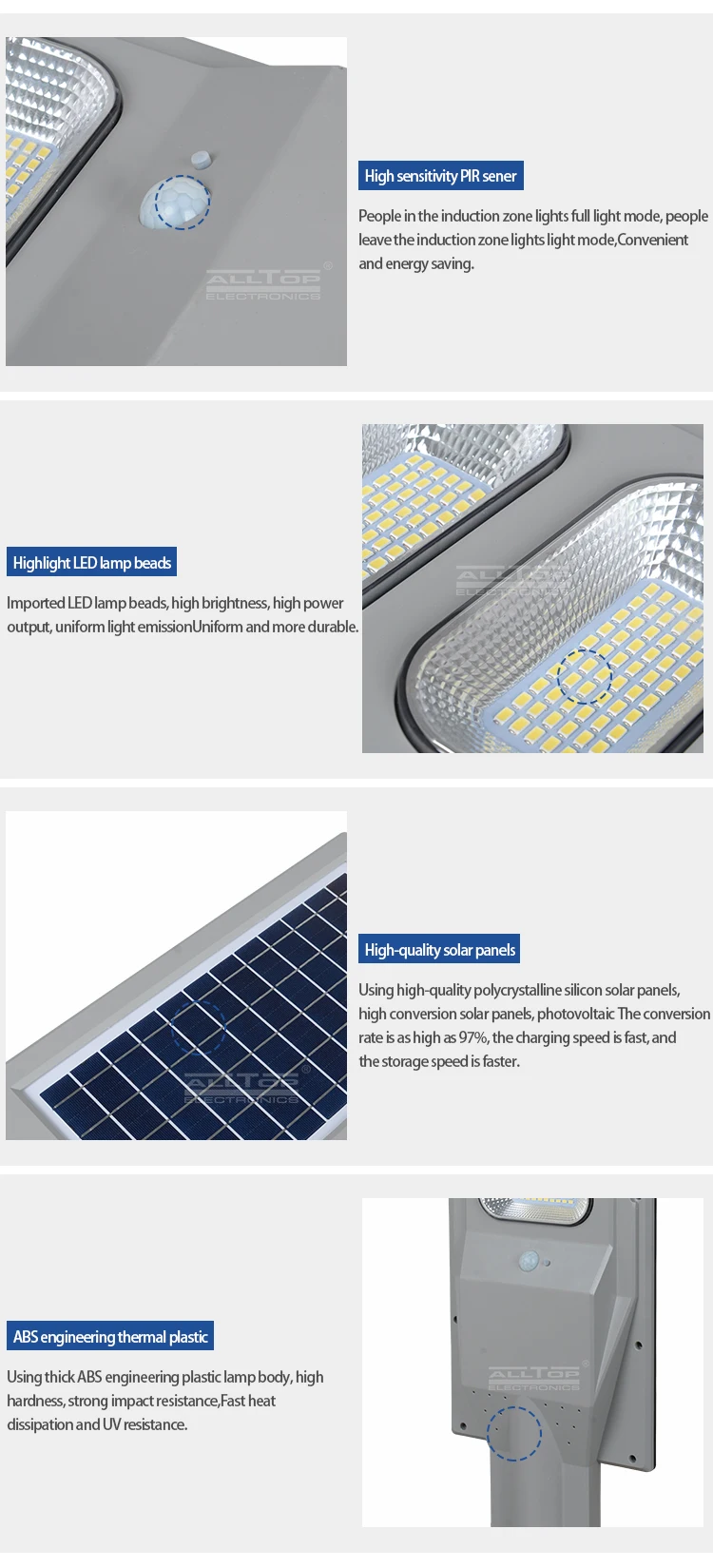 ALLTOP China Supplie Outdoor Waterproof Ip65 30 60 90 120 150 Watt All In One Solar Led Street Lamp