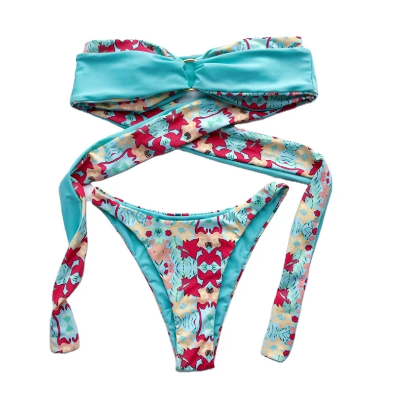 

Hot selling wholesale price Fashion sexy style Bandeau Bikini Printed Classy style bathing suits two pieces sets women Swimwear, Accept customized