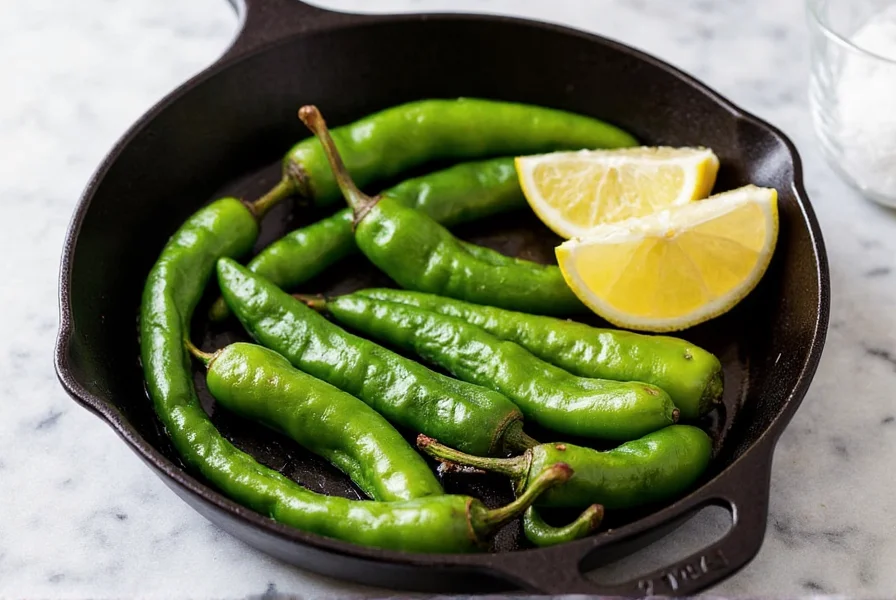 Fresh shoshito peppers blistered in cast iron skillet with sea salt and lemon wedges